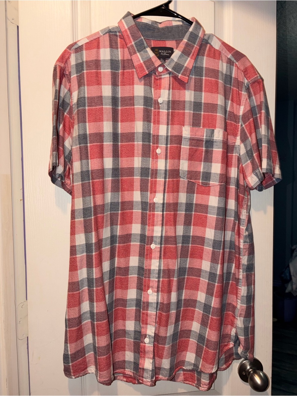 Red and Gray Plaid Short-Sleeve Button-Up Shirt
